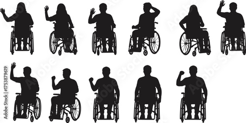  Wheelchair user silhouettes, diverse poses, disability awareness, inclusive design, accessibility concept, black vector icons, seated individuals, gesture variety, medical illustration