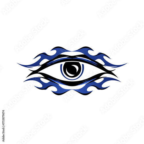 Stylized abstract eye with blue and black flame-like tribal patterns. Modern graphic vector illustration, symbolic element.