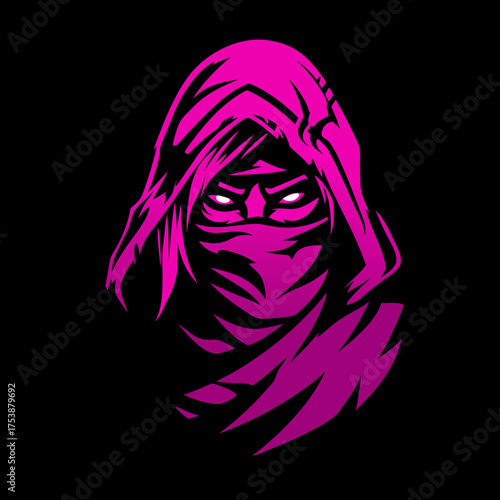 Intense Pink Hooded Figure Avatar with Glowing Eyes and Face Mask. Esport Gaming Logo Concept, Mysterious Character Vector Graphic Design.