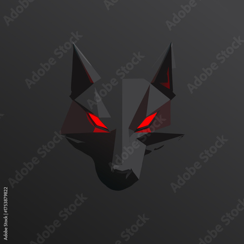 Abstract geometric wolf head with glowing red eyes, fierce polygonal predator face, dark modern digital art illustration, vector graphic concept