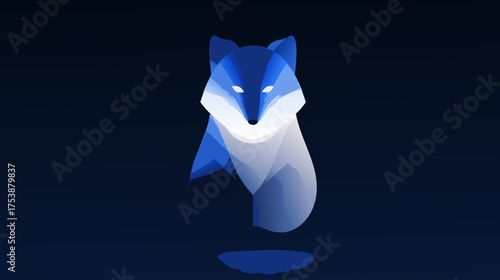 Minimalist Geometric Blue Fox Head Illustration with Glowing Eyes on Dark Background, Abstract Digital Art Design