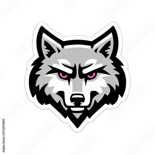 Fierce wolf head mascot illustration with sharp pink eyes, a modern graphic design for a team, brand, or gaming emblem.