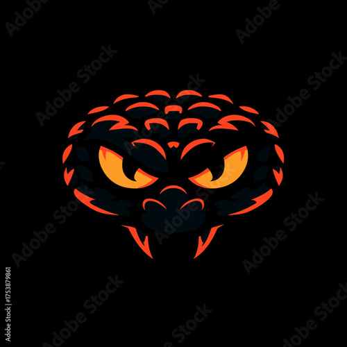 Fierce snake head illustration with glowing orange eyes and fangs on a dark background, representing danger and wild nature