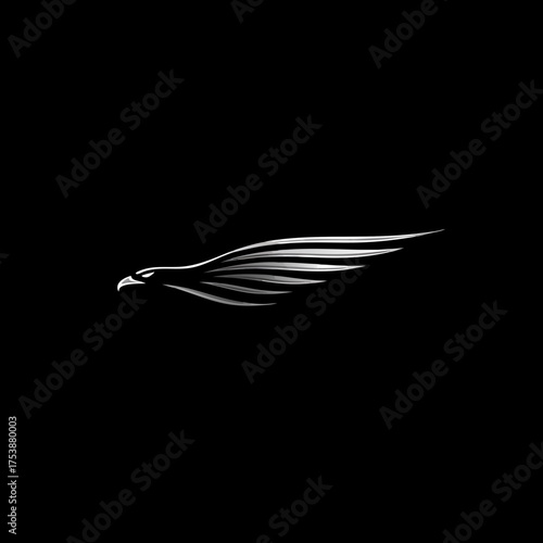 Sleek metallic eagle icon on black background. Modern abstract bird with dynamic wings, symbolizing power, speed, and freedom.