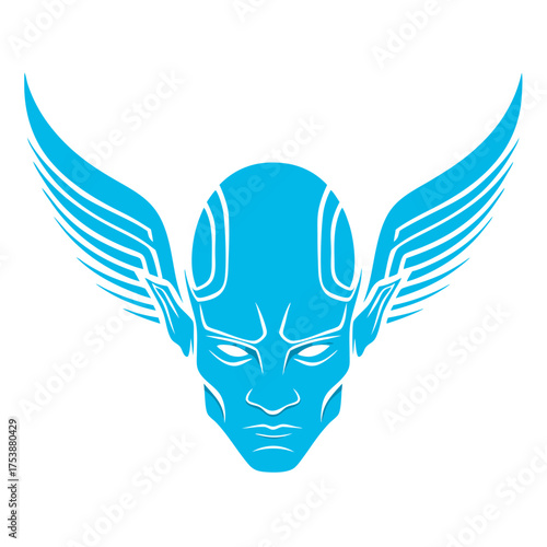 Blue stylized winged head vector illustration. Futuristic, robotic, or mythological human-like face with powerful wings. Graphic design element.