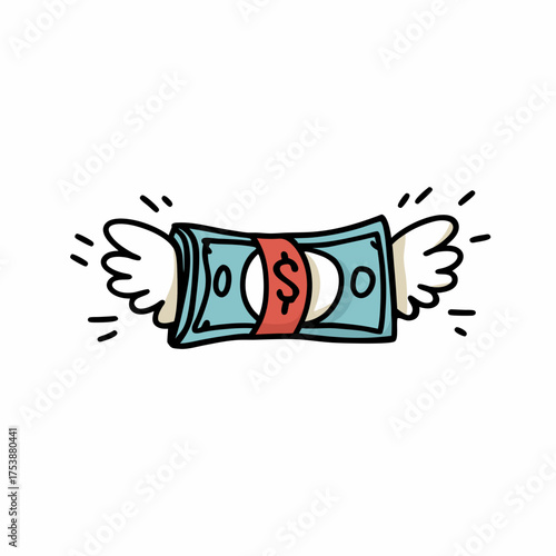 Whimsical Flying Money with Wings. Hand-drawn Cartoon Banknote Stack. Financial Freedom, Escape, or Fast Income Concept.
