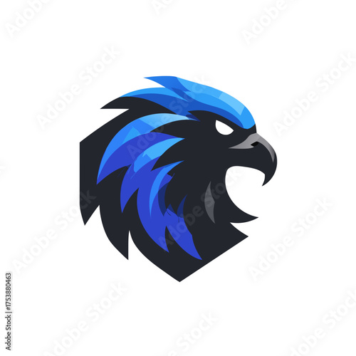 Dynamic stylized black and blue eagle head logo. Aggressive raptor icon, modern mascot for gaming, esports, sports, security, or tech branding.