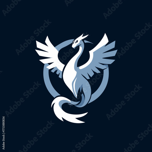 Elegant stylized mythical bird creature with majestic wings and long tail in a circular emblem. Modern fantasy graphic design element.