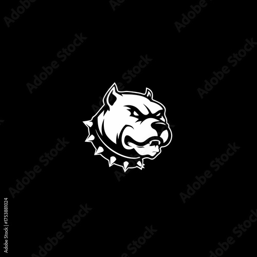 Aggressive dog head mascot illustration in black and white with spiked collar. Powerful canine graphic design, strong animal symbol.
