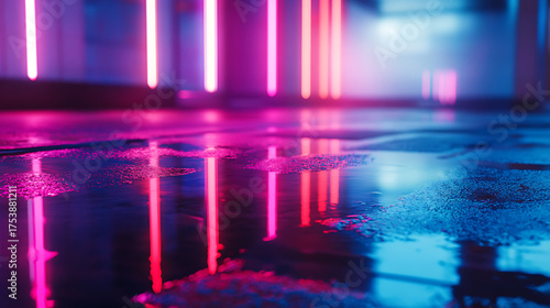 Neon Light Reflections on Wet Surface Abstract Urban Scene with Pink and Blue Hues