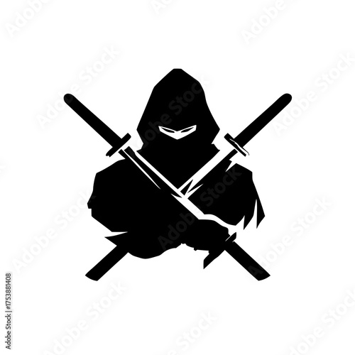 Dark hooded ninja silhouette with crossed samurai swords. Mysterious assassin character vector graphic illustration for martial arts or gaming.