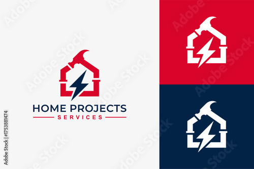 Professional home project services logo design featuring electric, garden, and renovation service elements in modern minimalist style