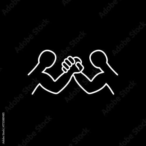 Arm Wrestling Icon: Minimalist white outline on black background, representing strength, competition, rivalry, and challenge.