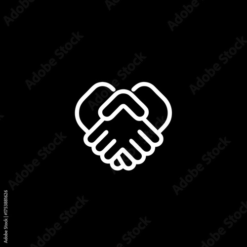 Handshake icon representing agreement, partnership, and business deal. Simple white outline on black background symbolizing collaboration, trust.