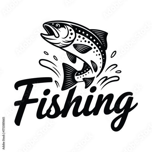 Dynamic illustration of a leaping trout above the word fishing in a bold font