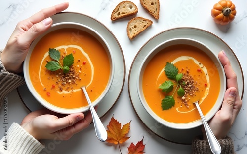People eating Autumn and Winter creamy vegan soups, fall and winter vegetarian food menu. Flat-lay of peoples hands with homemade soup in plates and bread slices over white table background, top view