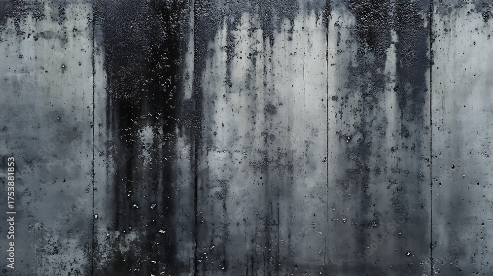 Fototapeta premium Detailed view of a dark, weathered concrete wall exhibiting a grunge aesthetic with pronounced water stains and streaks, perfect for industrial and urban texture backgrounds