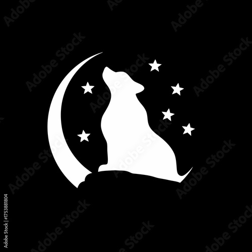 Mystical white howling wolf silhouette on crescent moon with starry night sky background, symbolic wildlife nature illustration.