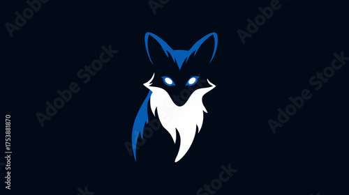 Stylized Blue and White Fox Head Illustration with Glowing Eyes on Dark Background - Modern Vector Art