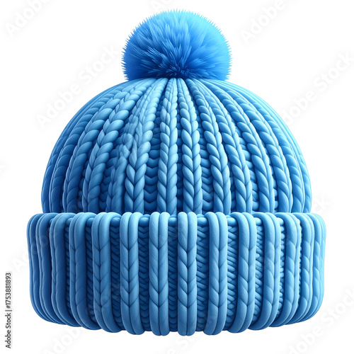 Blue knitted winter hat with fluffy pompom rests on a black background.