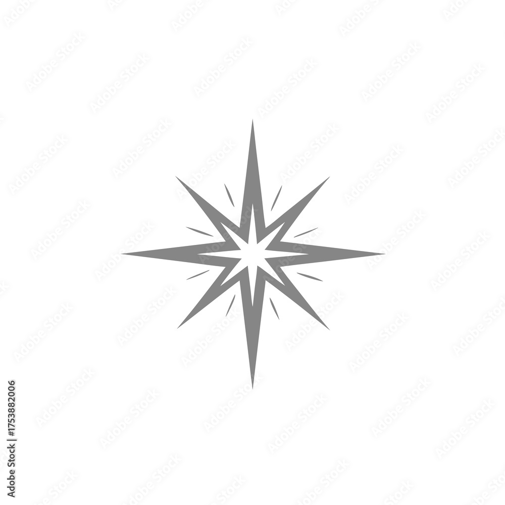 Fototapeta premium Stylized gray starburst icon with radiating light rays, elegant sparkle graphic element on white background. Clean vector design.
