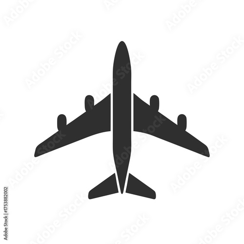 Generic black airplane icon, top view silhouette. Simple flat symbol of a flying passenger jet aircraft for travel, aviation, and transport.