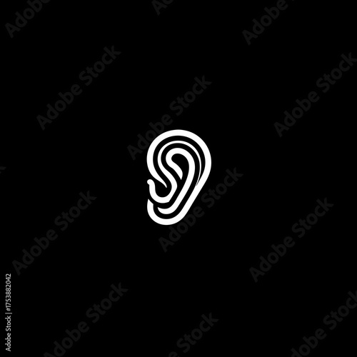 Minimalist white line art illustration of a human ear on a black background, symbolizing hearing, listening, and sound perception.