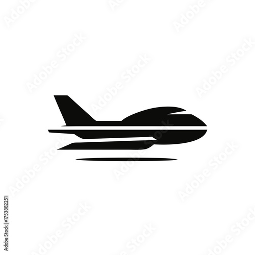 Fast flying airplane icon, black silhouette of a jet aircraft with speed lines, symbolizing rapid air travel, flight, and transport.