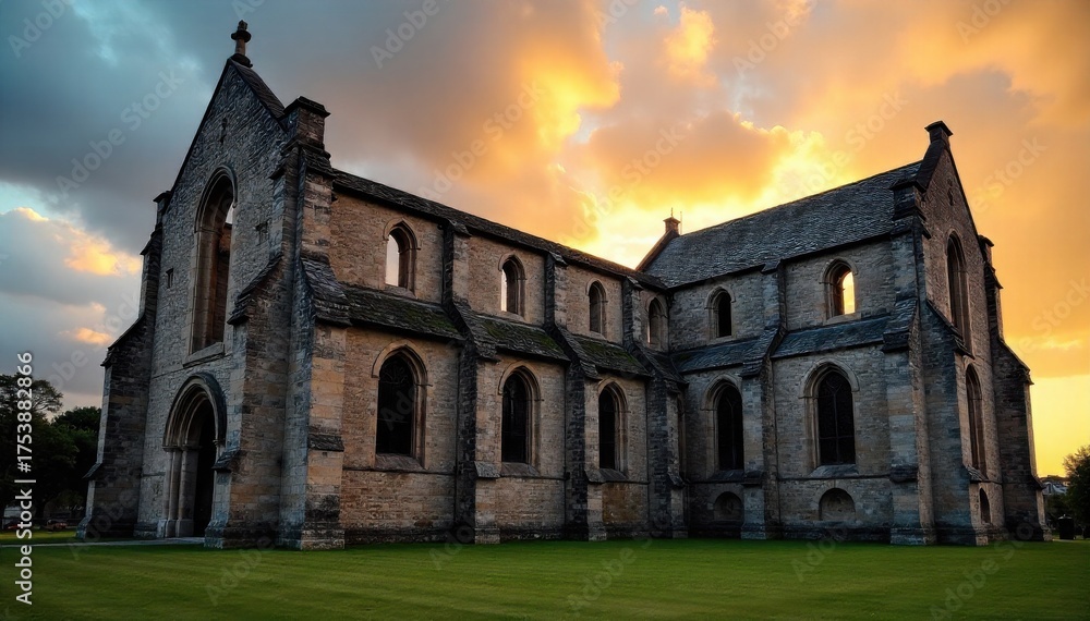 Naklejka premium Ancient stone church with imposing fortifications, weathered textures, and dramatic sky. An ancient stone church with imposing, weathered citadel walls and battlements, under a dramatic, cloudy sky.