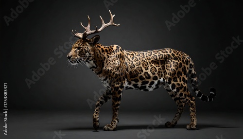 A spotted feline, adorned with antlers, ambles on a gray surface