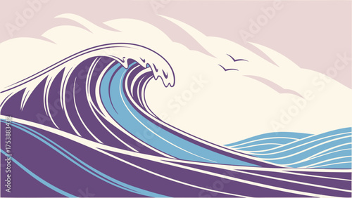 Powerful Ocean Wave Illustration with Flying Birds and Retro Color Palette