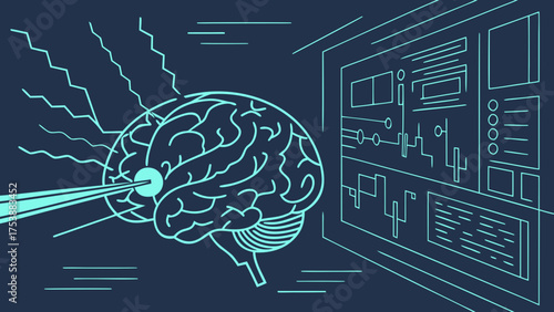 Brain-Computer Interface with Data Streams and Digital Dashboard. Neuroscience, AI, and Human Cognition Technology Concept.