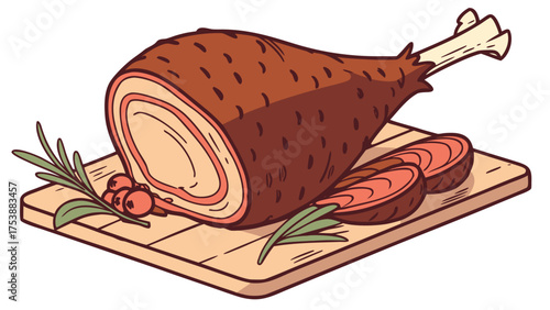 Stylized Roasted Ham Leg Illustration with Slices, Rosemary, and Cranberries on a Wooden Board, Ready for Festive Meals
