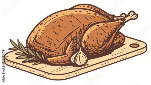 Hand-Drawn Roasted Whole Chicken or Turkey Illustration on Wooden Board with Rosemary and Garlic Garnish, Perfect for Holiday Dinners and Festive M...