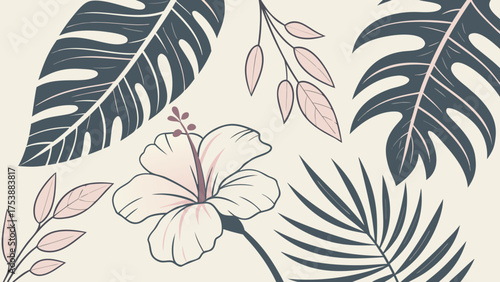 Stylized Tropical Leaves and Hibiscus Flower Botanical Illustration on Light Background for Summer Design