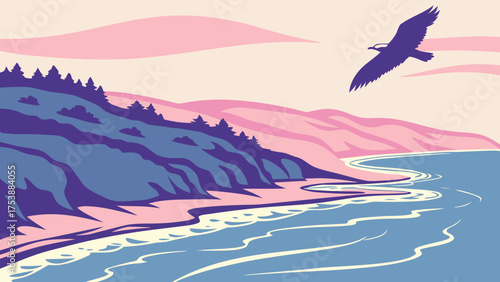 Stylized Coastal Vista with Soaring Eagle Over Ocean Waves, Sandy Beach, and Verdant Cliffs; Nature Landscape Illustration