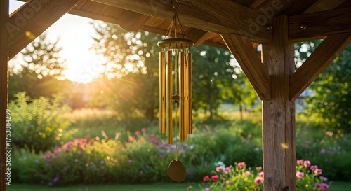 A wind chime hangs under a wooden structure, with a vibrant garden and sunset in background