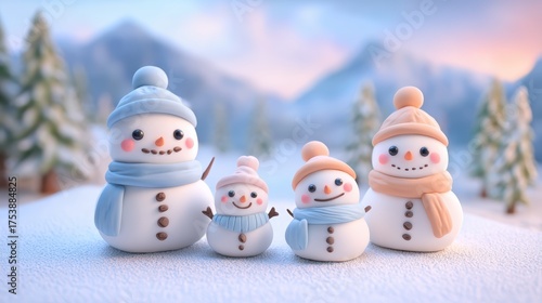 3D cute snowman family clay figures in different sizes with accessories against winter landscape background perfect for family holiday content festive celebration and playful children seasonal concept