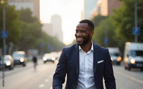 Wallpaper Mural Business, happy and walking black man on city journey, commute trip and realtor smile on way to office building. Happiness, career expert and African real estate agent on morning travel in Nigeria Torontodigital.ca