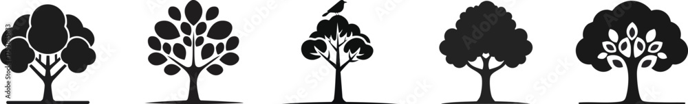 Fototapeta premium A series of stylized black silhouettes of various trees, each with unique foliage shapes, set against a white background.