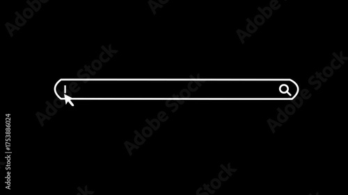 Animated white search bar and cursor icon appearing on a black background with a magnifying glass, representing online search and data exploration, with abstract motion.	