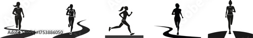 Silhouettes of women jogging along a winding path, showcasing different running postures and styles.