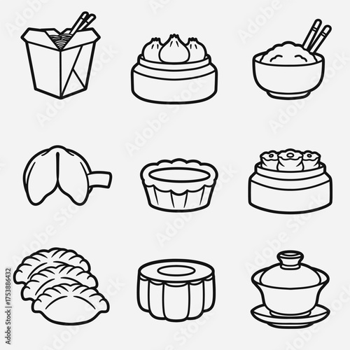 set of chinese food with outline style good for icon, symbol, element design, coloring book, etc