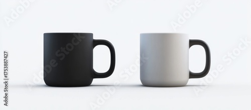 Minimalist studio shot featuring two elegant mugs, one black and one white, symbolizing contrast and harmony in everyday objects