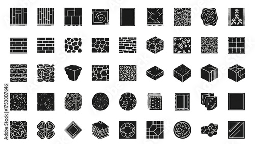 High-Quality Black Silhouette Vector Icon Set of Home Design Elements – Materials & Finishes: Flooring, Wall Textures, Countertops, and Surface Details