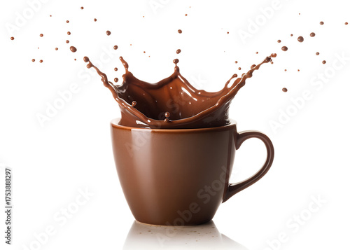 Dynamic splash of rich hot chocolate erupting from a brown ceramic mug against a stark black background