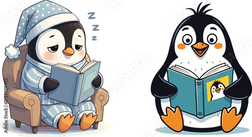 Cute cartoon penguin reading book, bedtime illustration, adorable penguin character in pajamas, educational animal design, winter storytime vector, learning concept art