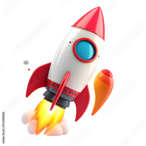 Cartoon rocket blasts off with bright flames and smoke.