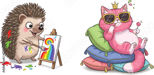 Cute hedgehog painting rainbow, funny pink cat wearing crown, creative animal illustration, colorful cartoon characters art, adorable animal friendship concept, playful design