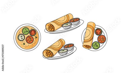 South Indian Dosa with Chutneys and Sambar – Food Illustration